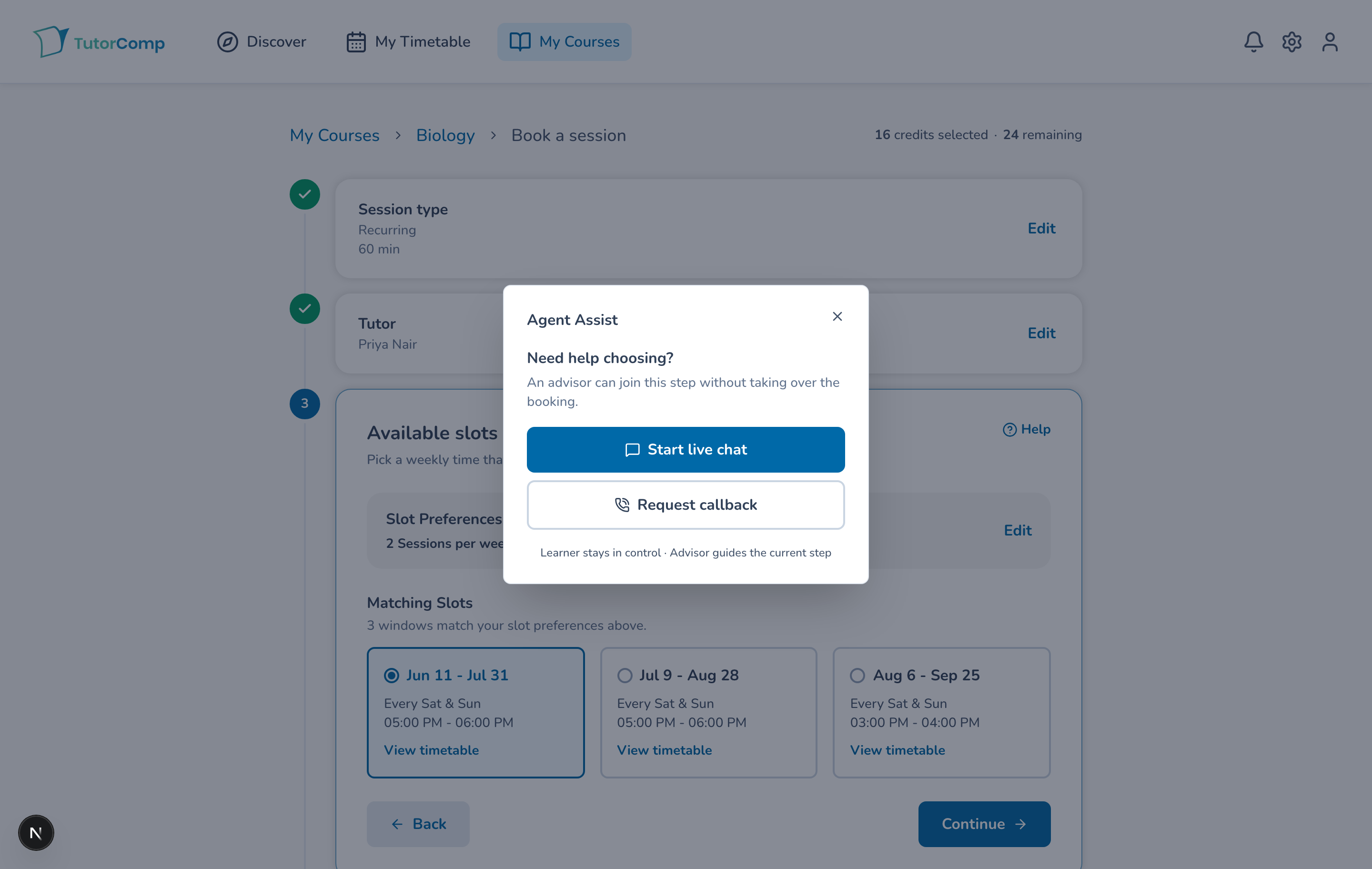 Agent Assist modal offering live chat or a callback while the learner remains in control