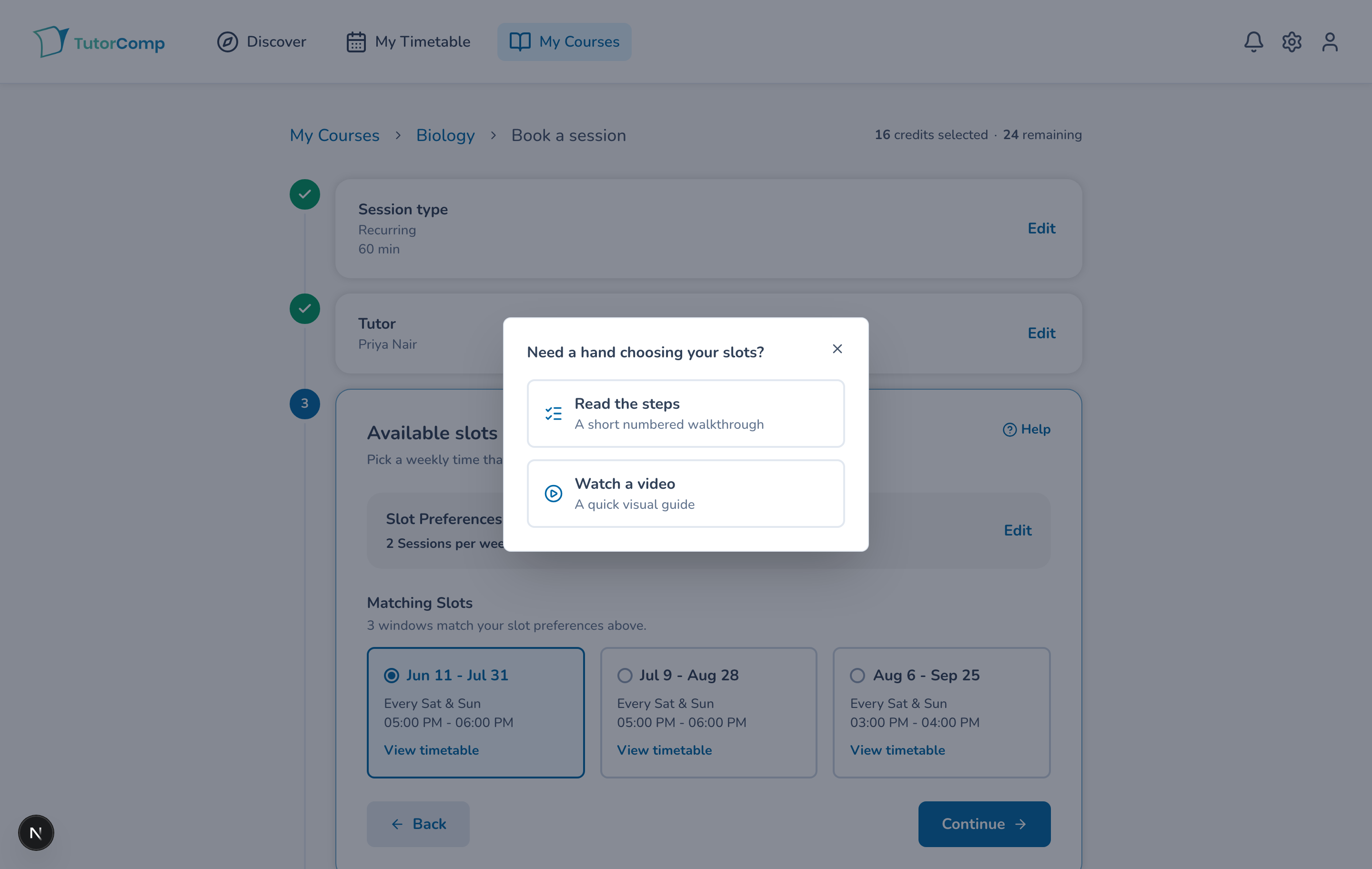 Contextual help modal offering two self-help options, a numbered walkthrough or a short video, before a route to an advisor