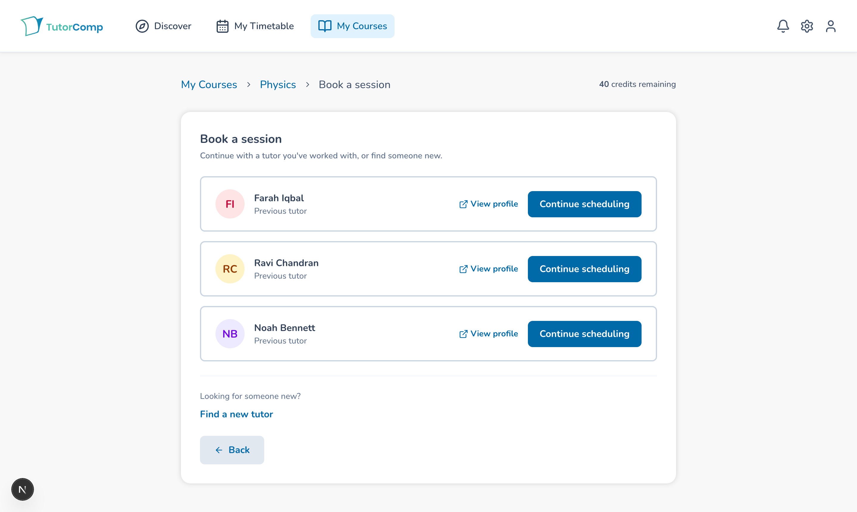 Previous-tutor continuity screen with direct scheduling actions and a path to find a new tutor