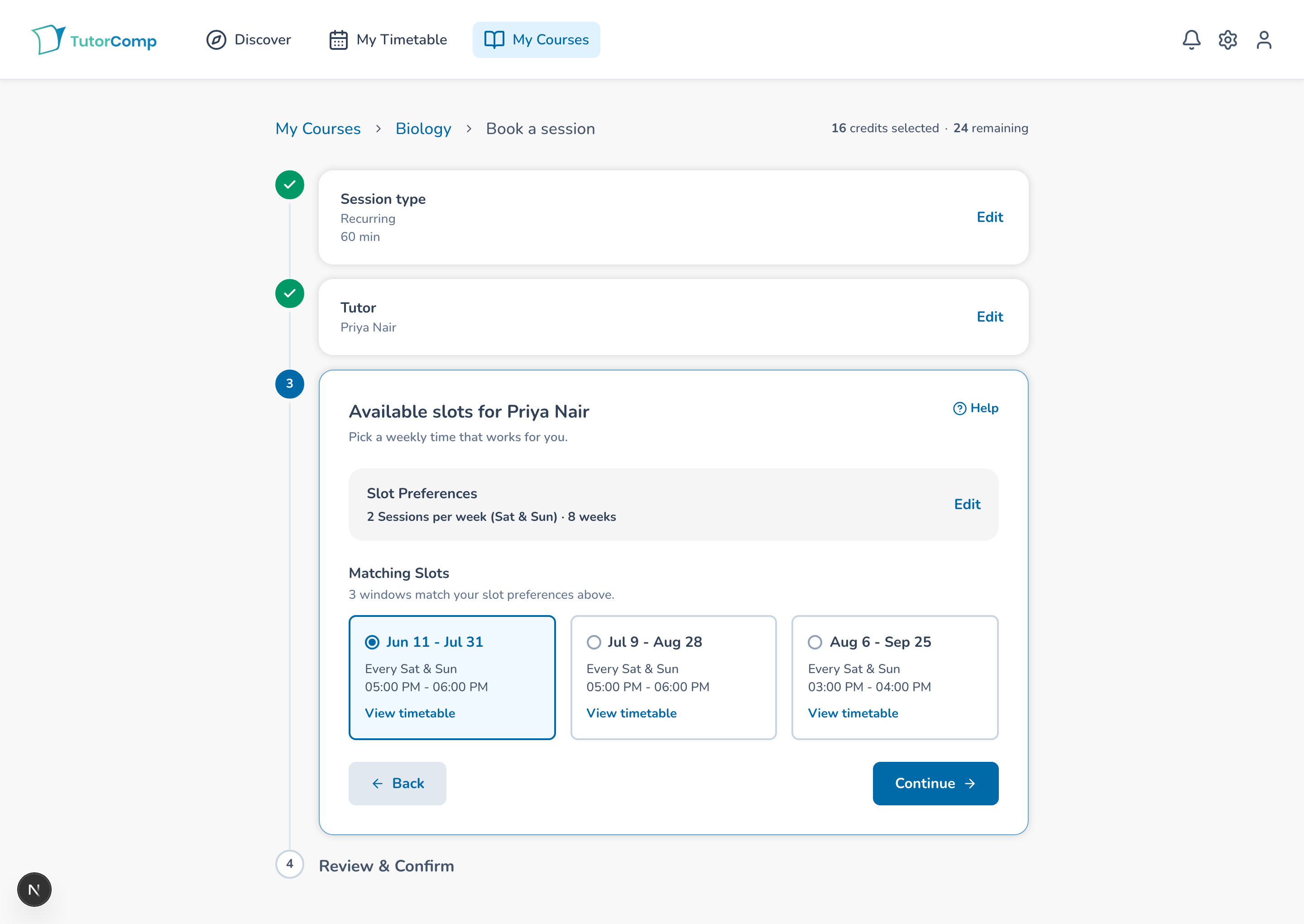 Revised recurring scheduling showing preferences, three matching options, and timetable links