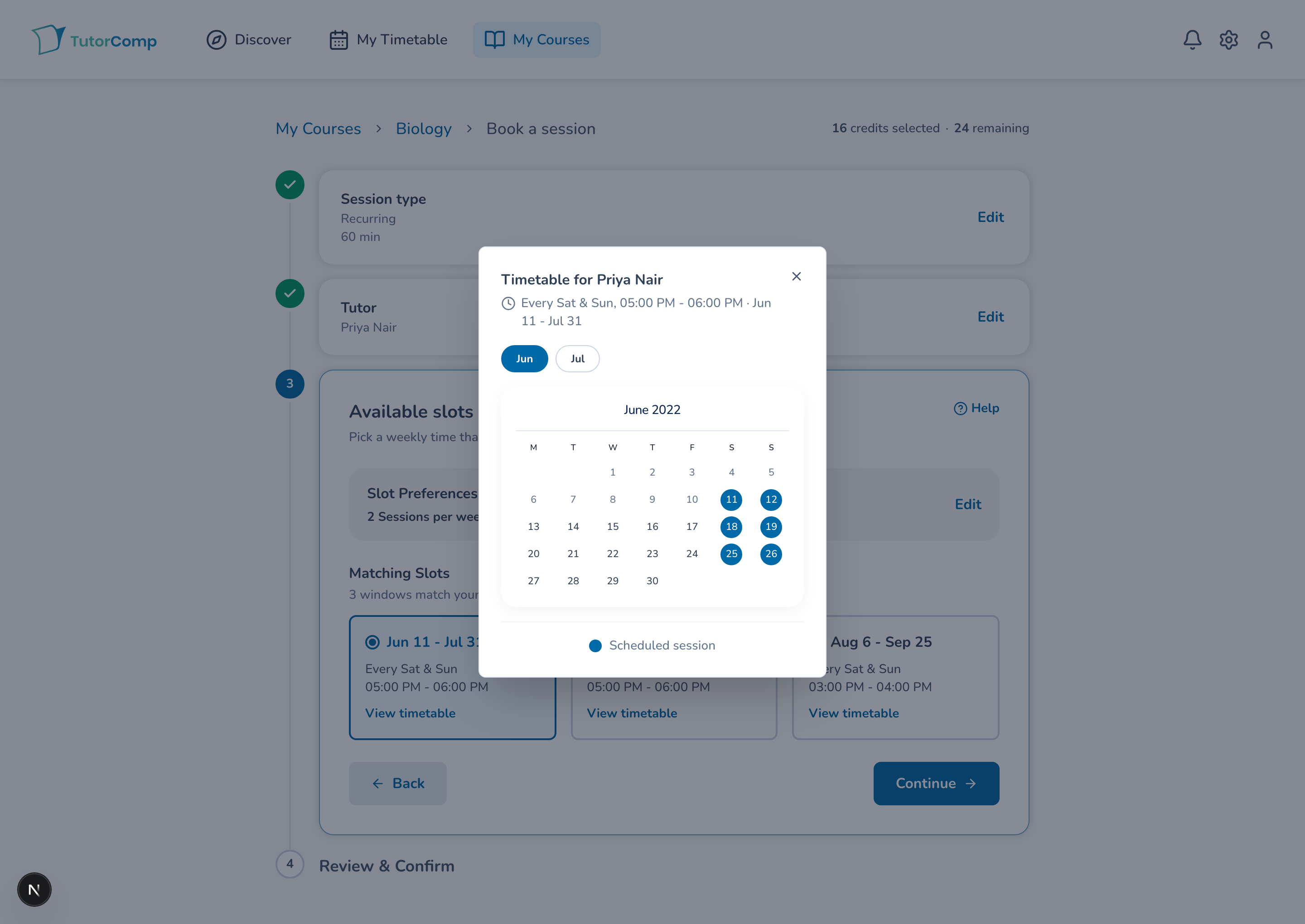 Revised slots screen with the timetable moved into an on-demand modal opened from View timetable