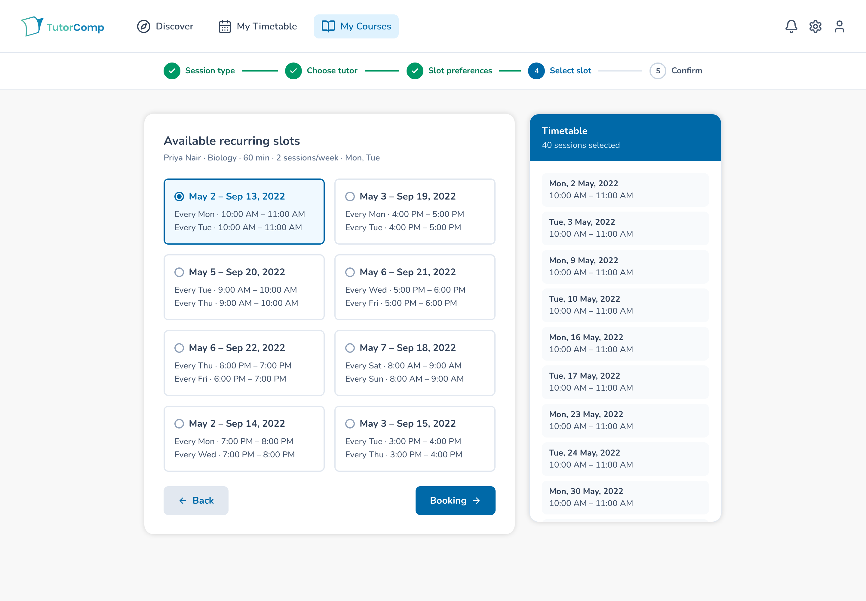 V1 Recurring slots screen with a docked timetable panel listing every dated session a pattern produced