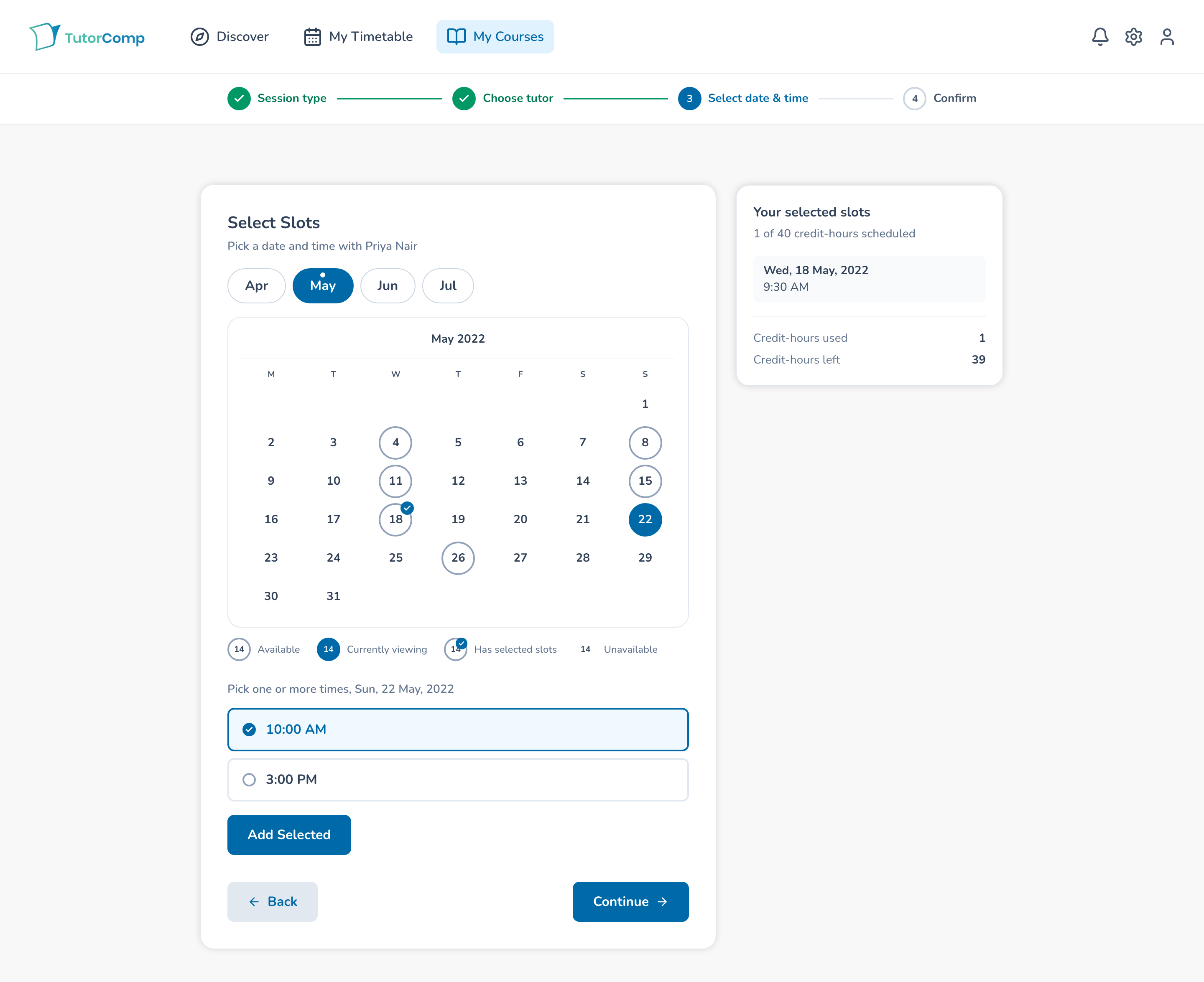 V1 Flexi select-slot screen mid-selection: a date picked, its available times listed with one chosen, an Add Selected button, and a running list of booked sessions with credit-hours counted