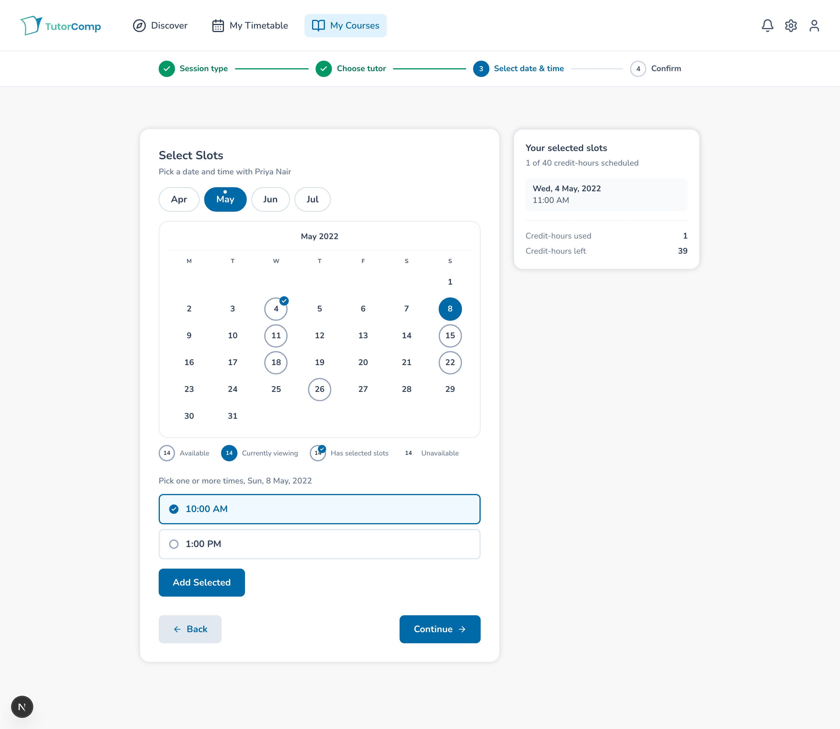 V1 Flexi scheduling with separate date, time, and Add Selected interaction