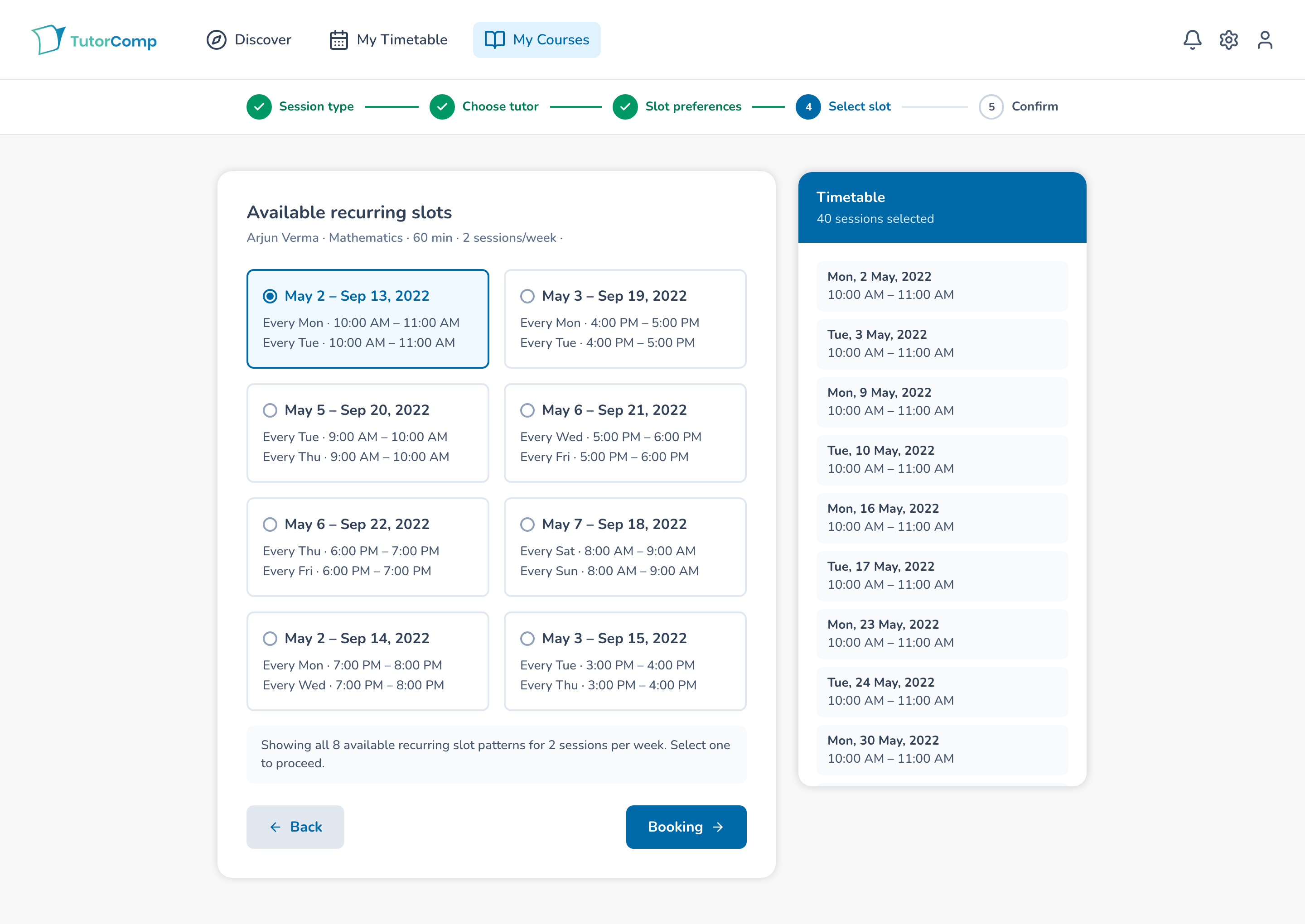 V1 recurring scheduling showing the full pattern set and a persistent timetable