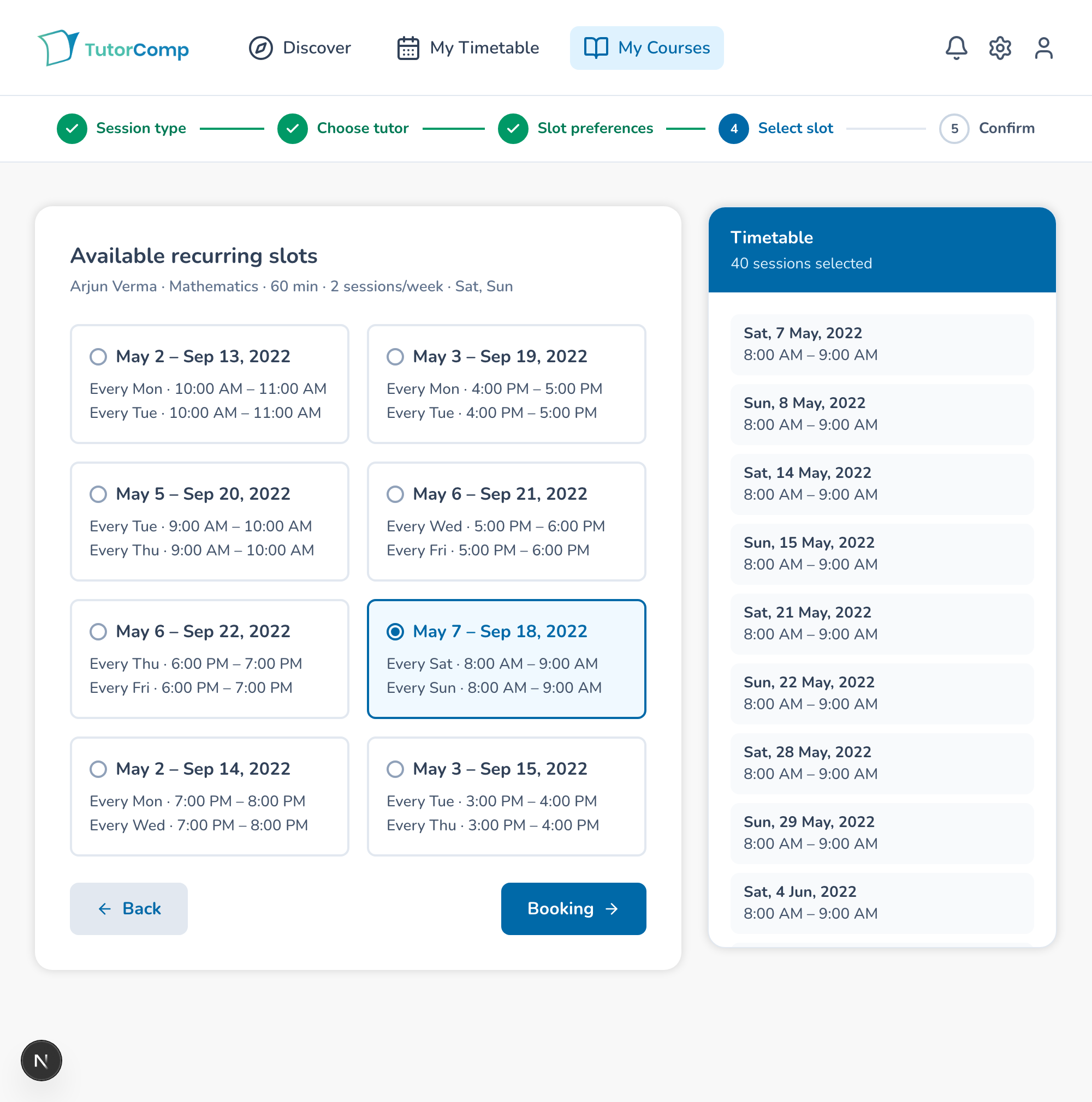 V1 progress tracking at the slot-selection step: a horizontal stepper at the top, a slot chosen from the full pattern list, and a separate timetable sidebar, with a booking summary that still omits the chosen tutor