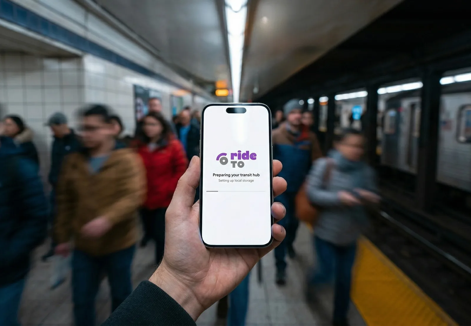 A smartphone displaying a rideTO app is held on a busy subway platform