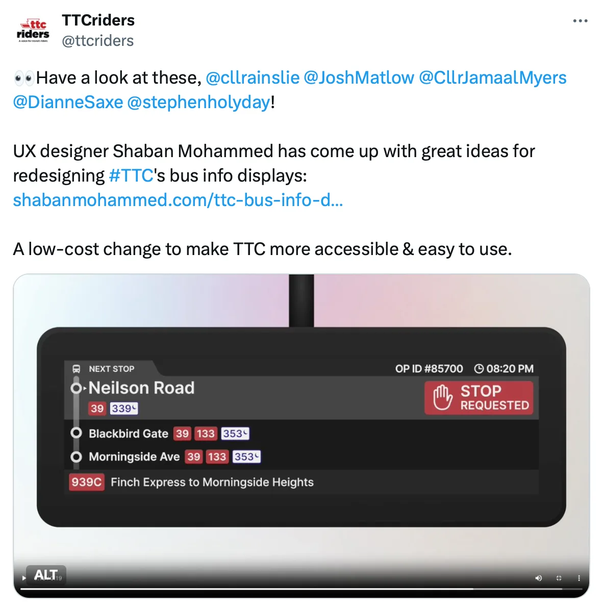 A screenshot of a X post from TTCRiders discussing the proposed TTC passenger info display