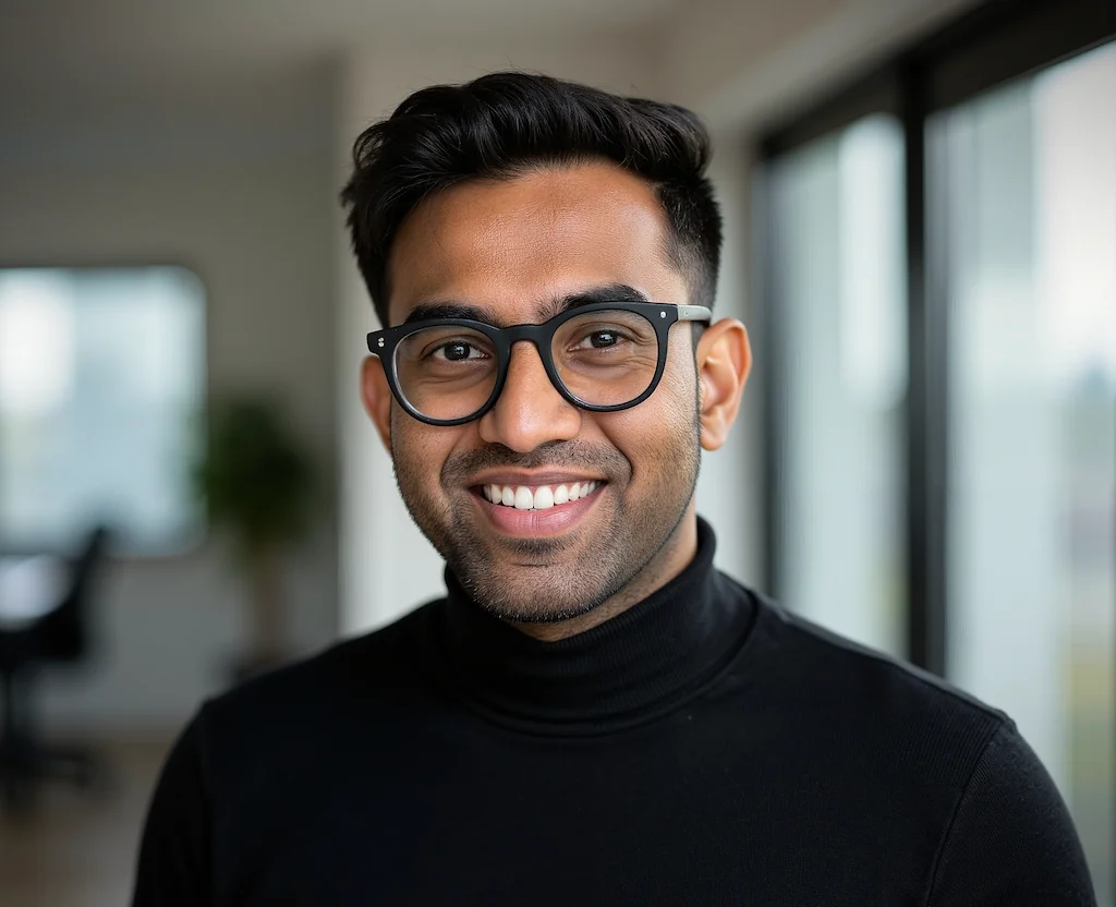 Portrait of Shaban wearing glasses and a black turtleneck