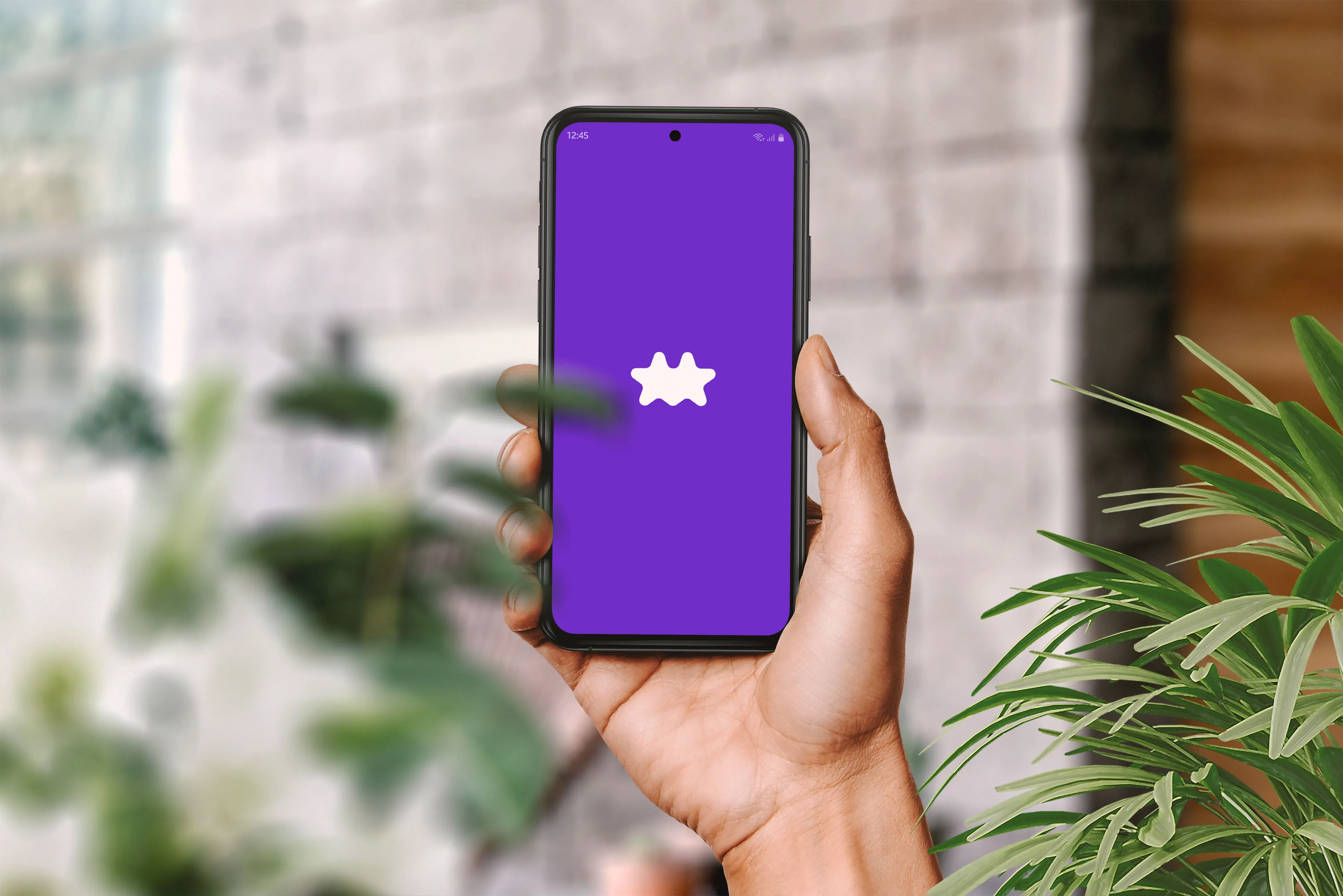 A hand holding a smartphone displaying the startup screen of Star app