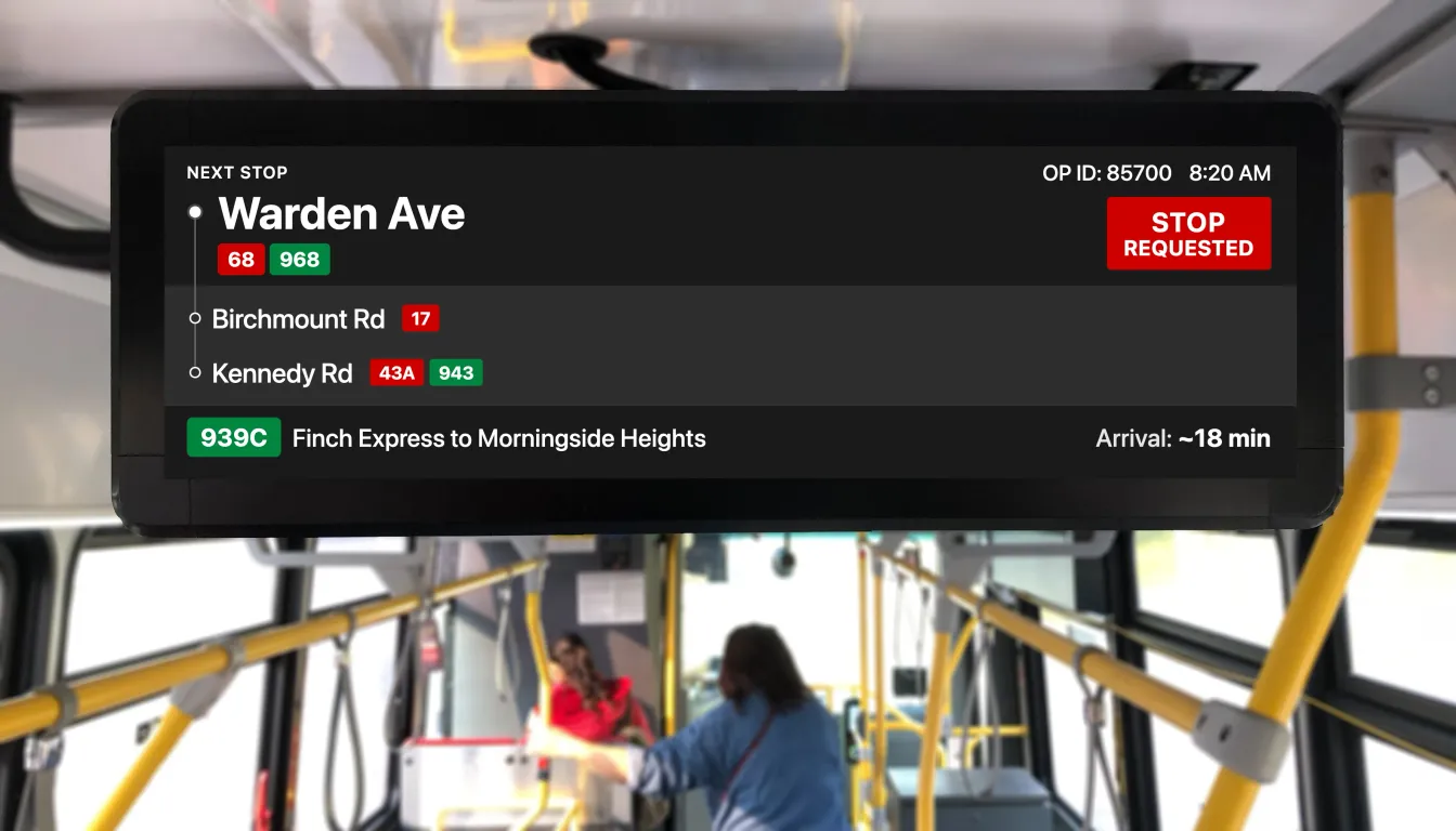 The proposed Bus Passenger Info display prototype showing upcoming stop with other route information and a STOP REQUESTED message